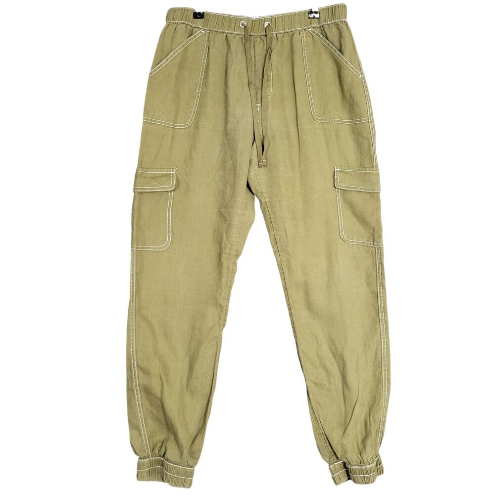NICOLE MILLER Green European Flax Linen Cargo Joggers Utility Pants SIZE MEDIUM